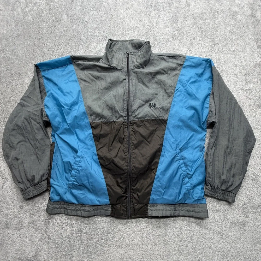 USA Olympic‎ Jacket Mens Large Gray Windbreaker Embroidered Logo JC Penny